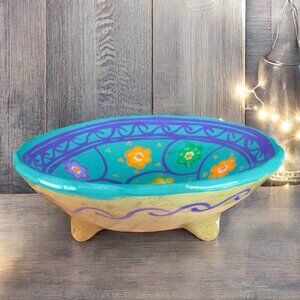 Hand Painted Mexican Pottery Footed Salsa Dish Trinket Dish Holder Vintage Decor